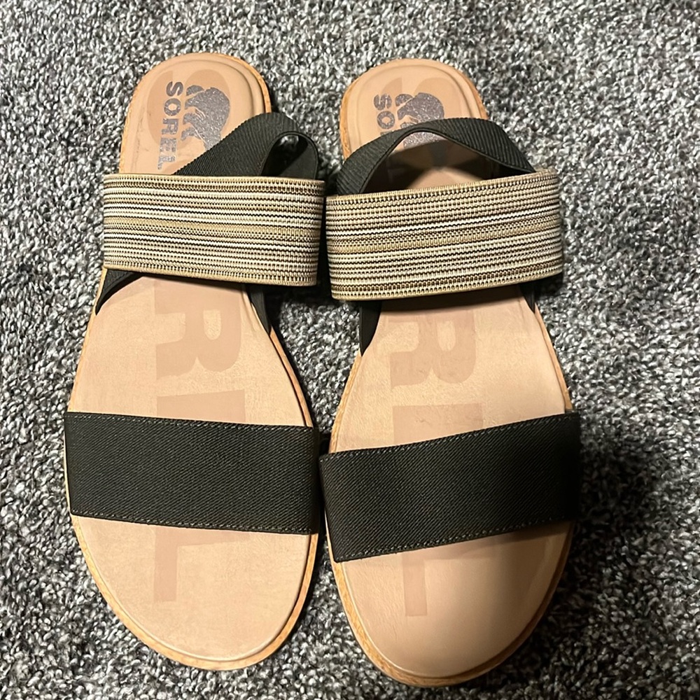 COPY - Sorel Sandals SZ 10 Ella Slingback Tan & dark green Elastic Strap Flat